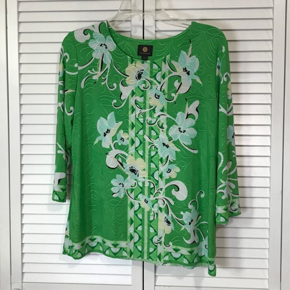 JM Collection Boho Retro Kelly Green Floral Textured ¾ Sleeve Tunic Top PL